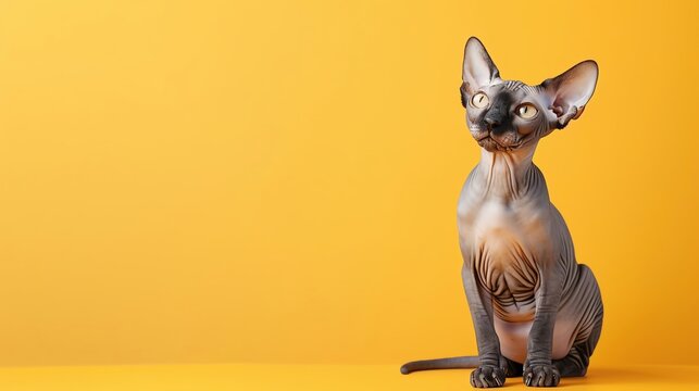 A cute Sphynx cat relaxing sitting on a pastel yellow background with space above for text