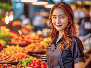 Fototapeta premium Beautiful Asian woman who owns a local restaurant in the market