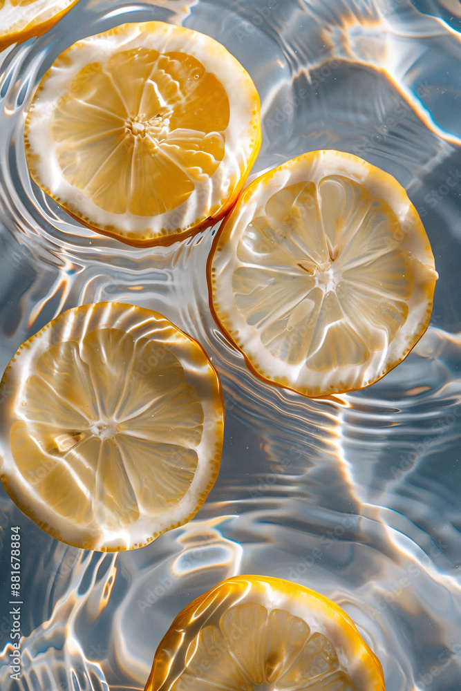 Poster top view of lemon slices in water with ripples, summer concept. the image depicts lemon slices float
