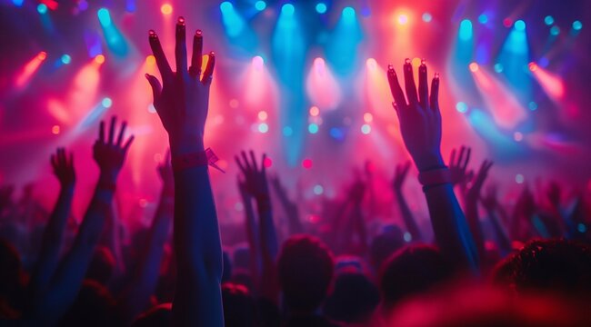 energetic concert scene, silhouetted hands raised in the air, vibrant and colorful stage lights, audience perspective, neon and vibrant colors, festive atmosphere, modern and dynamic aesthetics.