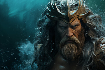 Image of the Greek god Poseidon. Greek mythology. Ancient Greece. World of the gods. God of Olympus. God of the sea. Poseidon in the sea.