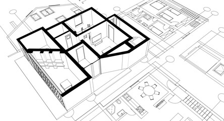 house traditional architecture plan 3d illustration