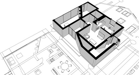 house traditional architecture plan 3d illustration