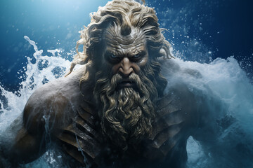 Image of the Greek god Poseidon. Greek mythology. Ancient Greece. World of the gods. God of Olympus. God of the sea. Poseidon in the sea.