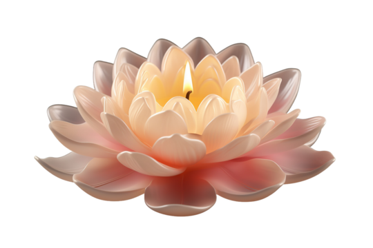 Serene Lotus-Shaped Candle Illuminates Tranquil Space in Evening Glow on White or PNG Transparent Background.
