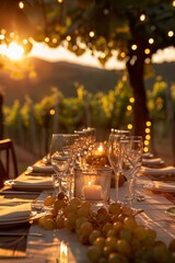 A beautifully set outdoor dinner table in a vineyard at sunset, with candles and string lights creating a warm and inviting atmosphere. The perfect setting for an elegant evening.