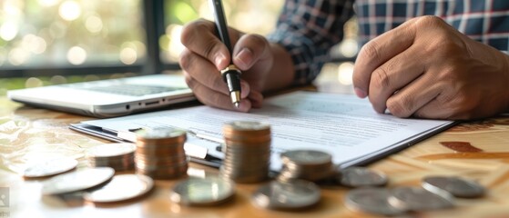 Obraz premium Person Writing on Paper with Stacked Coins Next to It: Financial Concept Representation