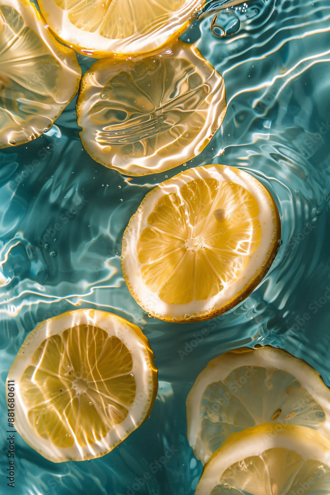 Poster top view of lemon slices in water with ripples, summer concept. the image depicts lemon slices float
