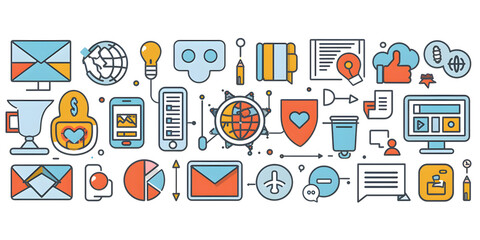  A Comprehensive Collection of Colorful Icons for Illustrating Various Aspects of Digital Marketing, Business Strategy, and Online Communication