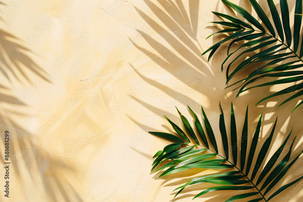 Poster photo of abstract shadow from palm leaves on a beige background, in a flat lay. web banner with empt