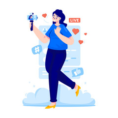 A young vlogger woman is live streaming vector illustration