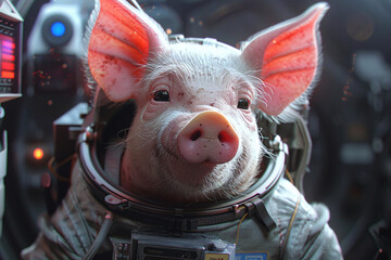 Portrait of a pig in a space suit with space craft in the background, depicting a space adventure for animals.