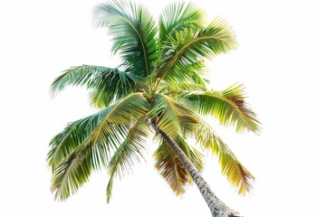 Naklejka premium A solitary palm tree with tropical leaves on a plain white backdrop.