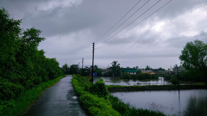 heavy rainfall in the village dadar in maharashtra in india.