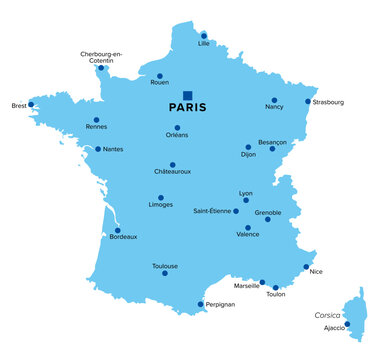 Metropolitan France silhouette, political map with capital Paris and large cities. Area of European France, geographically in Europe, compromising the mainland, Corsica and nearby French islands.