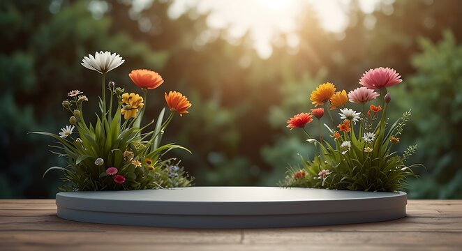 A simple round podium With Nature and  flowres for product disply