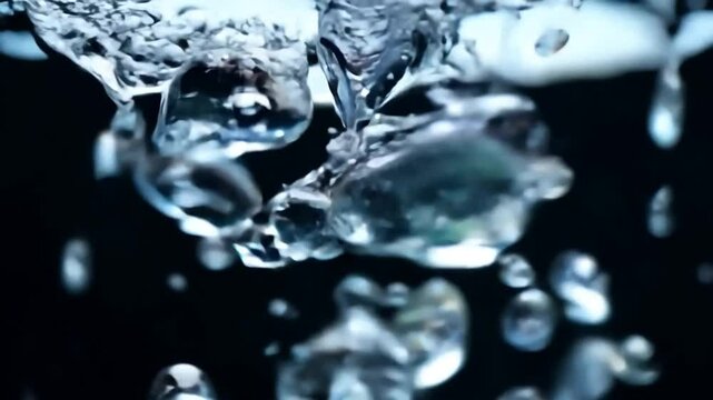 Water droplets falling in slow motion with bubbles forming, symbolizing refreshment, purity, and life, film overlay effect, motion elements, video effects