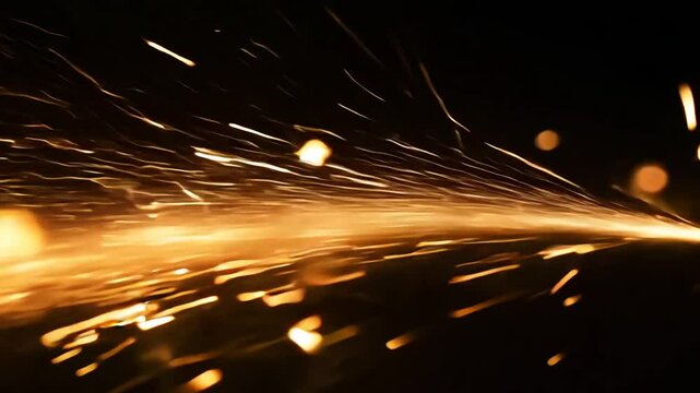 Flying sparks on a black background, symbolizing construction, energy, and power, film overlay effect, motion elements, video effects