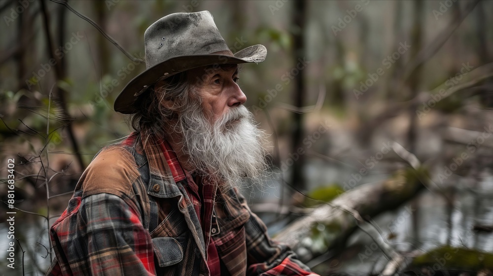 Wall mural A man with a long beard and hat sitting in the woods.