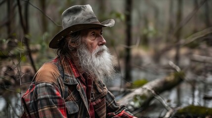 Fototapeta premium A man with a long beard and hat sitting in the woods.