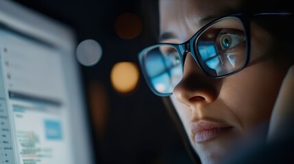 A woman in glasses looking at a computer screen.