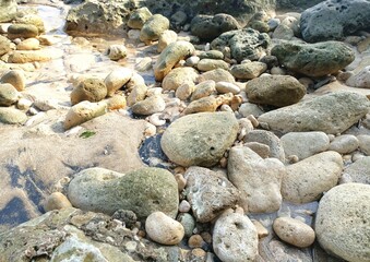 photo of rocks on the edge of the beach, background