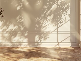 Minimalistic abstract gentle light beige background for product presentation with light and intricate shadow from the window and vegetation on wall