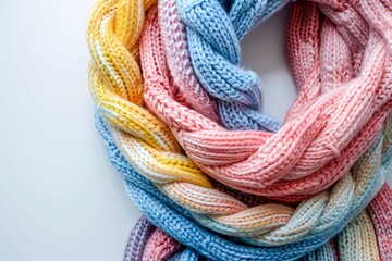A light-colored woven scarf on a blank surface.