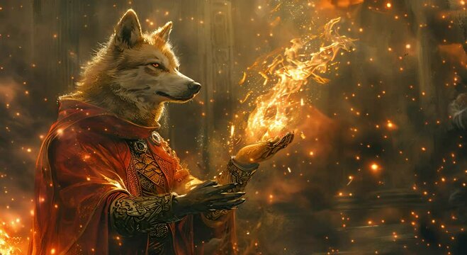 Fantasy illustration of an anthropomorphic wolf in a red cloak, conjuring fire with its hands in a mystical setting.
