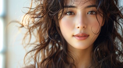 Naklejka premium Stunning Asian woman with curly hair, radiant complexion, and a happy smile, showcasing beauty and skincare.