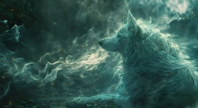 ethereal white fenrir wolf floating
