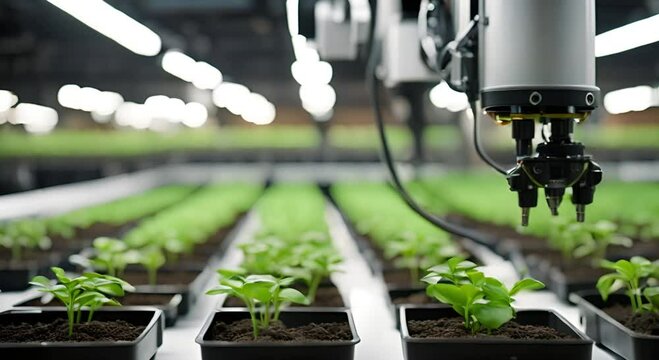 Farm robot assistant walking between rows of green and red salad at modern greenhouse with hydroponic system