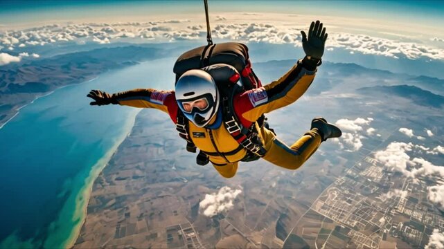 A skydiver soars through the sky in a photo. The sun's rays highlight their sleek body as the wind whips through their hair and the parachute billows behind them.