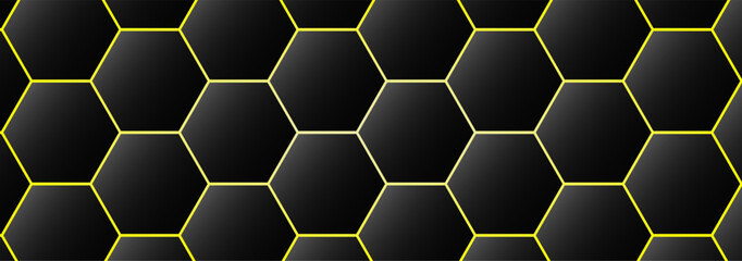 Grey cells pattern background. Black hexagon grid texture with yellow lining. Dark grey background with yellow.