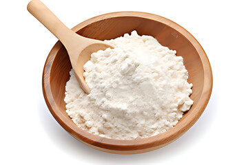 Cottage cheese in wooden bowl isolated on white background, top view