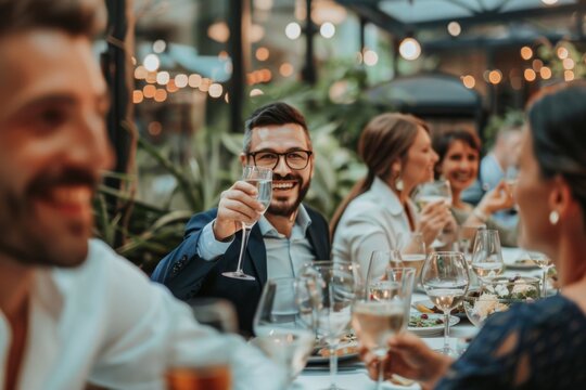 Business professionals celebrate during an elegant dinner, raising glasses and sharing smiles, capturing the spirit of networking and collaboration. - Powered by Adobe