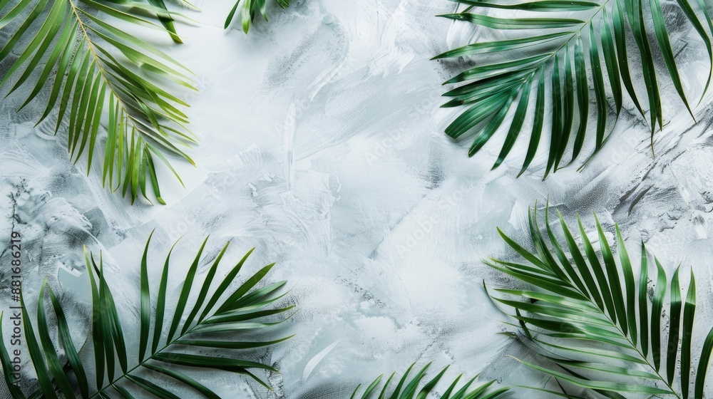 Poster summer theme palm leaves on marble paper with gray backdrop concept of summer with space for text fl