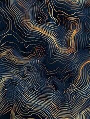 This abstract design features a wave pattern, organic texture map, and modern topography graphic in geometric shapes and curved digital illustrations on a gold and dark blue banner.