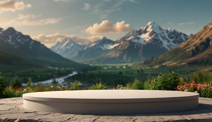 A simple round podium With Nature and  flowres for product disply