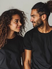 Fototapeta premium A couple wearing dark shirts in a montage on a neutral background.