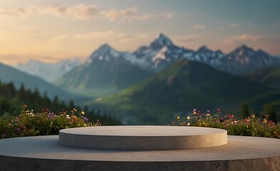 A simple round podium With Nature and  flowres for product disply
