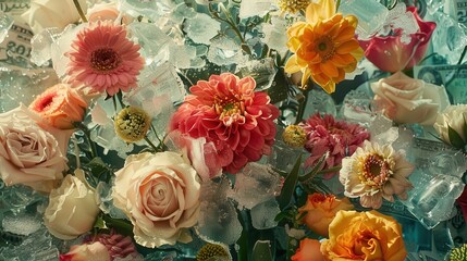 A variety of flowers blooming amidst banknotes in a freezer, detailed background, symbolizing wealth and abundance, set in a surreal cold setting