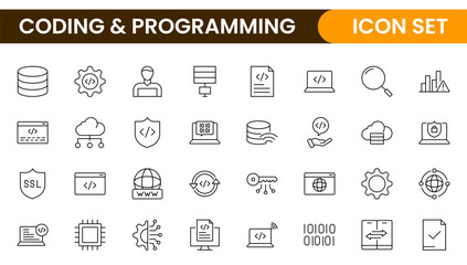 Programming coding set of web icons in line style. Software development icons for web and mobile app. Code, api, programmer, developer, information technology, coder and more.