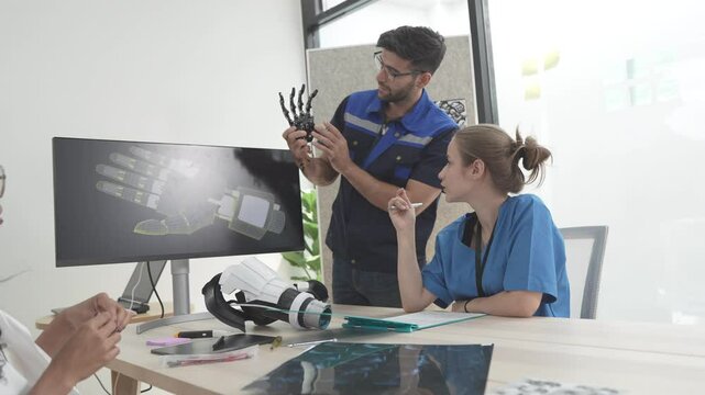 doctors and developers discuss robot design with artificial intelligence. To create models of arm organs used for medical people. Showcasing ideas from an international team in a modern office room.