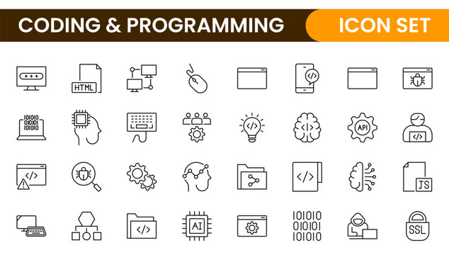 Programming coding set of web icons in line style. Software development icons for web and mobile app. Code, api, programmer, developer, information technology, coder and more.