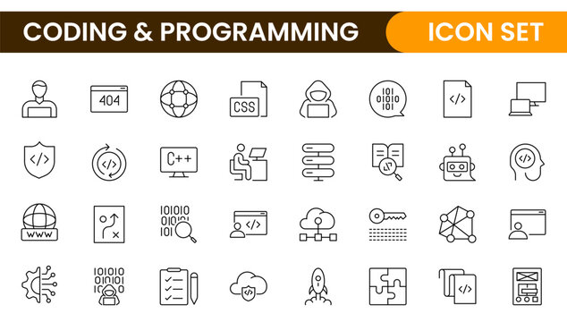 Programming coding set of web icons in line style. Software development icons for web and mobile app. Code, api, programmer, developer, information technology, coder and more.