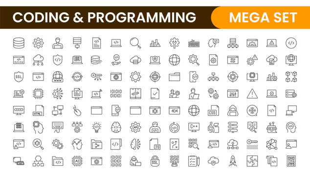Programming coding set of web icons in line style. Software development icons for web and mobile app. Code, api, programmer, developer, information technology, coder and more.