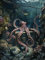 Fototapeta premium Adventurous Pirate Octopus Unearthing Sunken Treasure in Mysterious Deep-Sea Trench