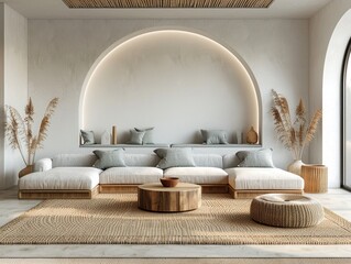 Warm wabi sabi style interior with clay niche, beige walls and ethnic home decor. Wall mockup,