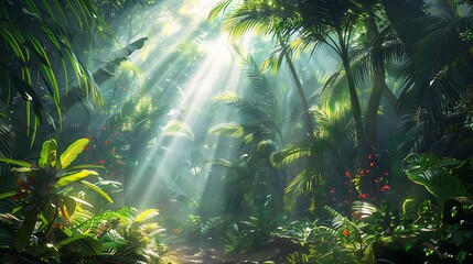 Obraz premium Sunbeams Through Tropical Rainforest